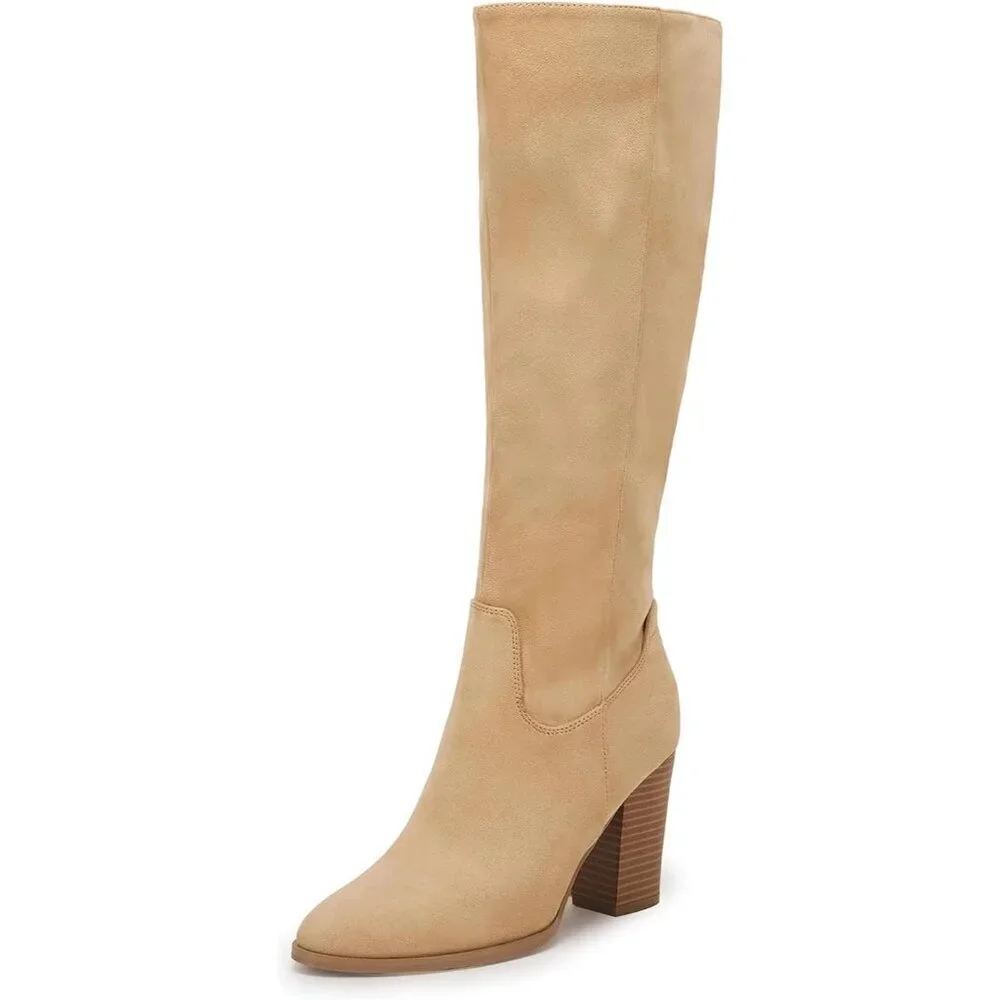 Women Faux Sueder Khaki Knee High Chunky Heel Side Zipper Stretch Winter Boot